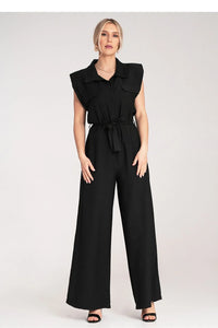 Combinaison femme élégante sans manches épaules larges ceinture nouée jambes larges matière légère couleur noire universelle