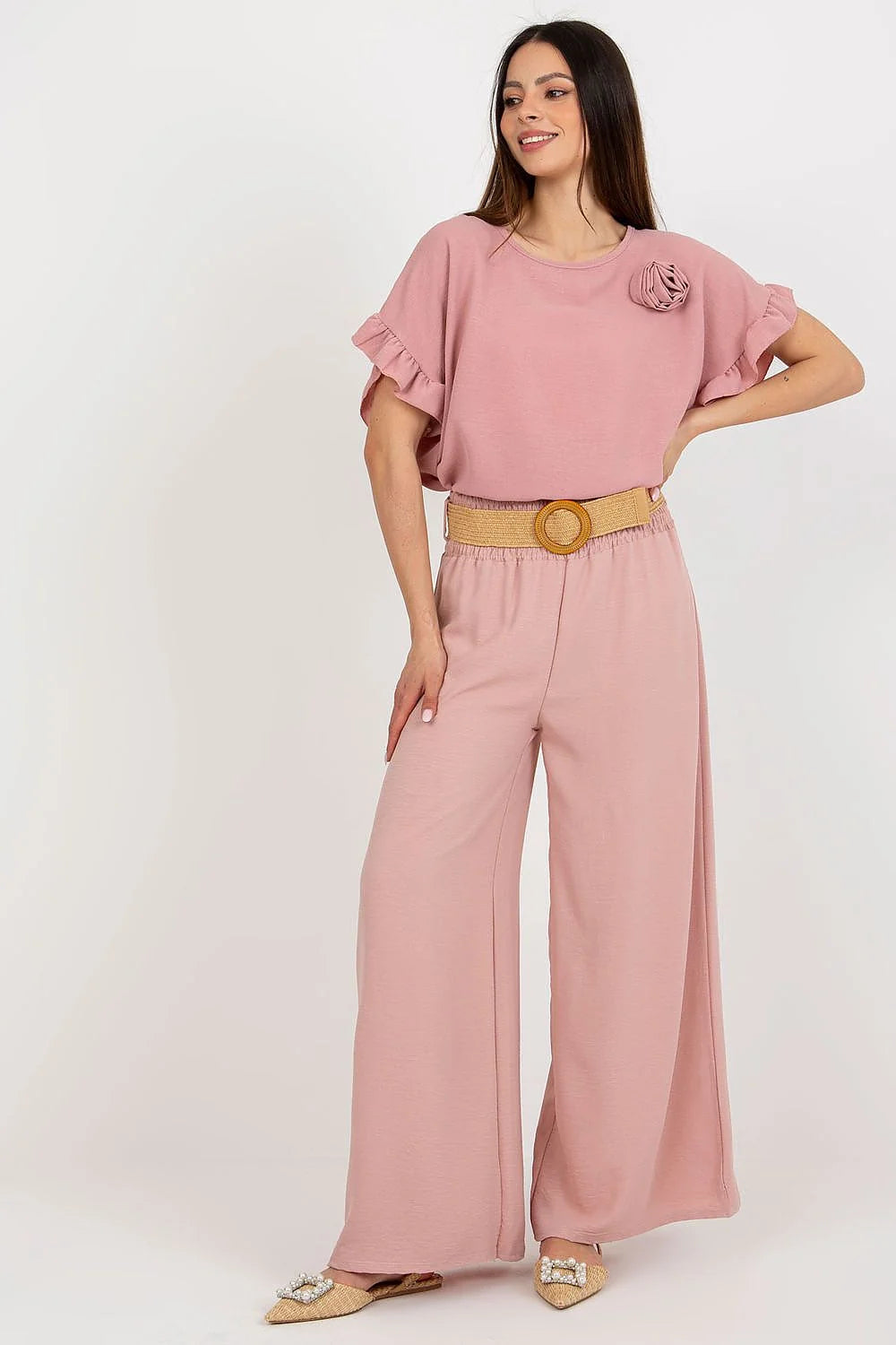 Pantalon femme large Italy Moda en coton élasthanne rose poudré taille haute ceinture bois occasion estivale