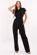 Ensemble Lakerta pour femme élégant chemise manches courtes pantalon noir viscosé lin respirant ceinture ajustable occasion bureau soirée