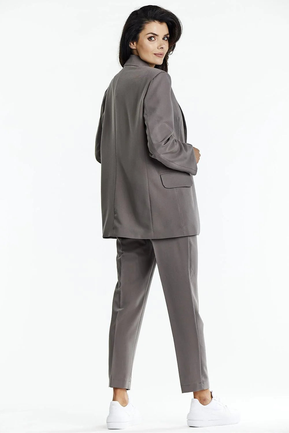 Tailleur femme blazer pantalon gris taupe longue taille haute polyester élégant occasions professionnelles veste homme