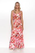 Robe de jour Makadamia longue aérée motifs floraux rose rouge orange buste cintré épaules nouées polyester viscose femme été printemps