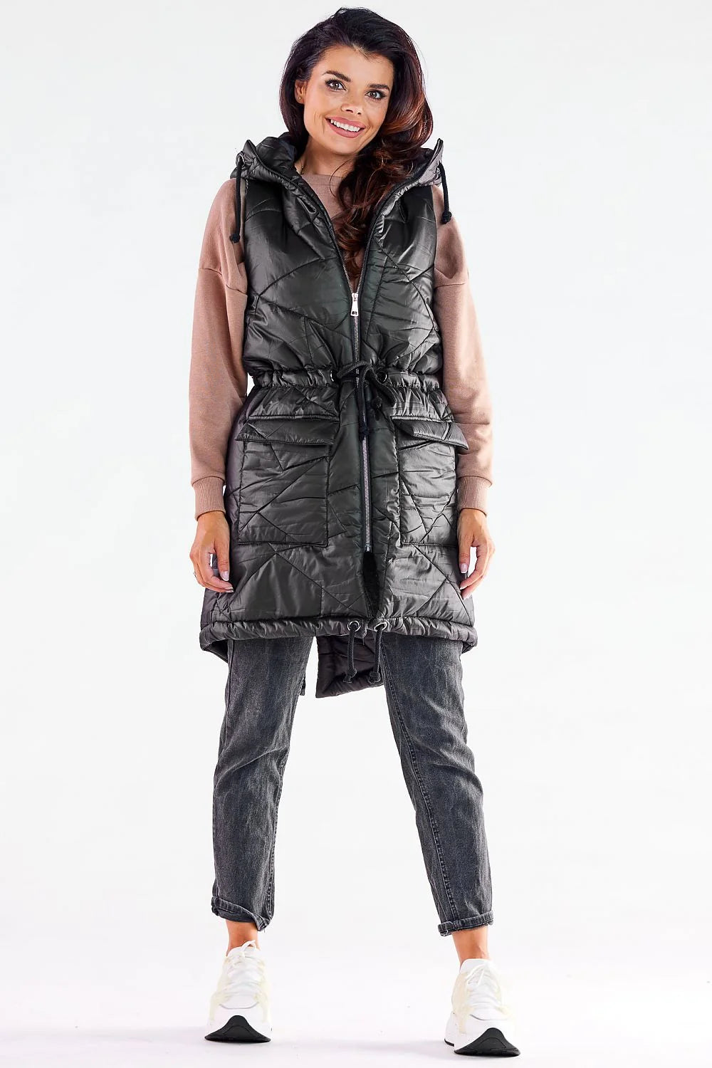 Gilet longue ligne épurée matelassé rouge femme automne hiver polyester 100% capuche cordon serrage poches