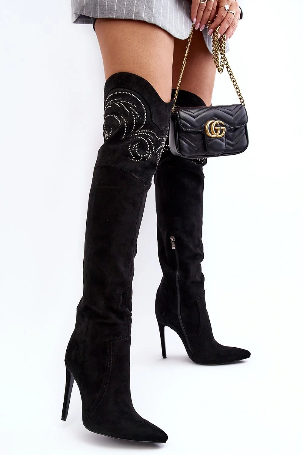 Bottes à talons aiguilles hautes cuissardes style audacieux élégant éco-suède noire fermeture éclair strass femme