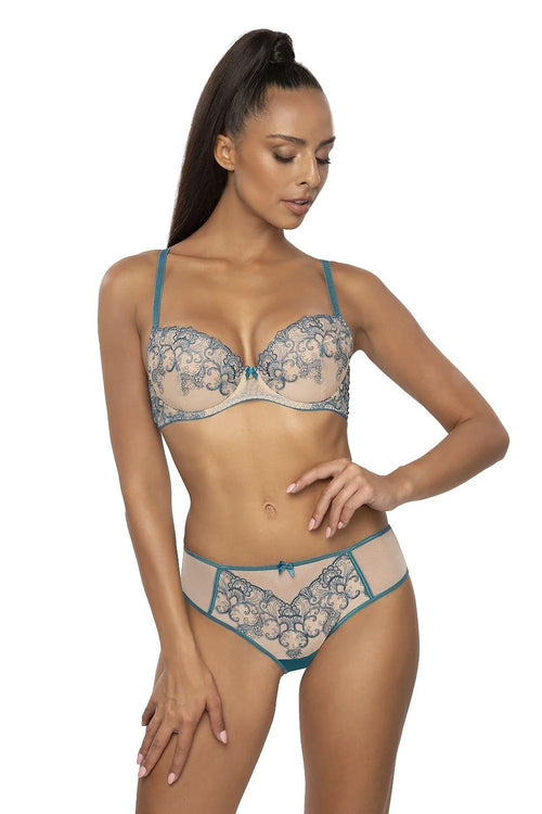Bas de lingerie féminin élégant en dentelle floral beige turquoise coton élasthanne polyamide taille ajustable femme