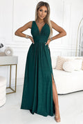 Robe de soirée élégante longue sans manches encolure V profond fente jambe tissu extensible vert émeraude