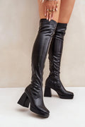 Bottes cuissardes simili cuir noir modernes élégantes talon carré confort pour femmes mode tendance