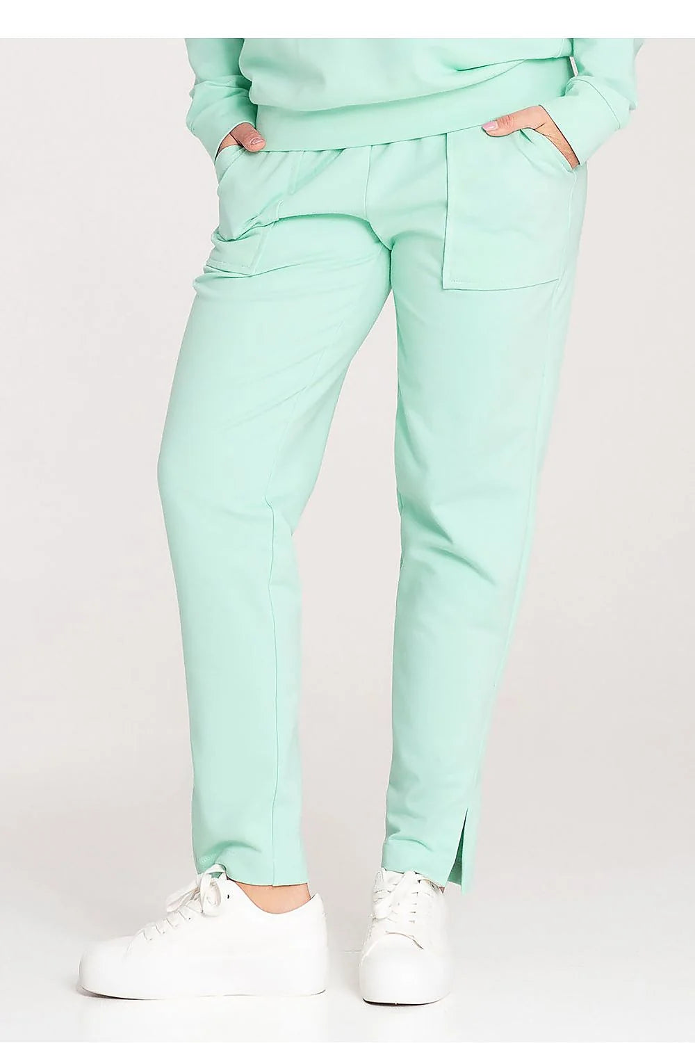 Pantalon survêtement femme en coton élasthanne vert menthe coupe slim ajustée poches latérales ceinture élastique occasion quotidienne décontractée mode été 2023