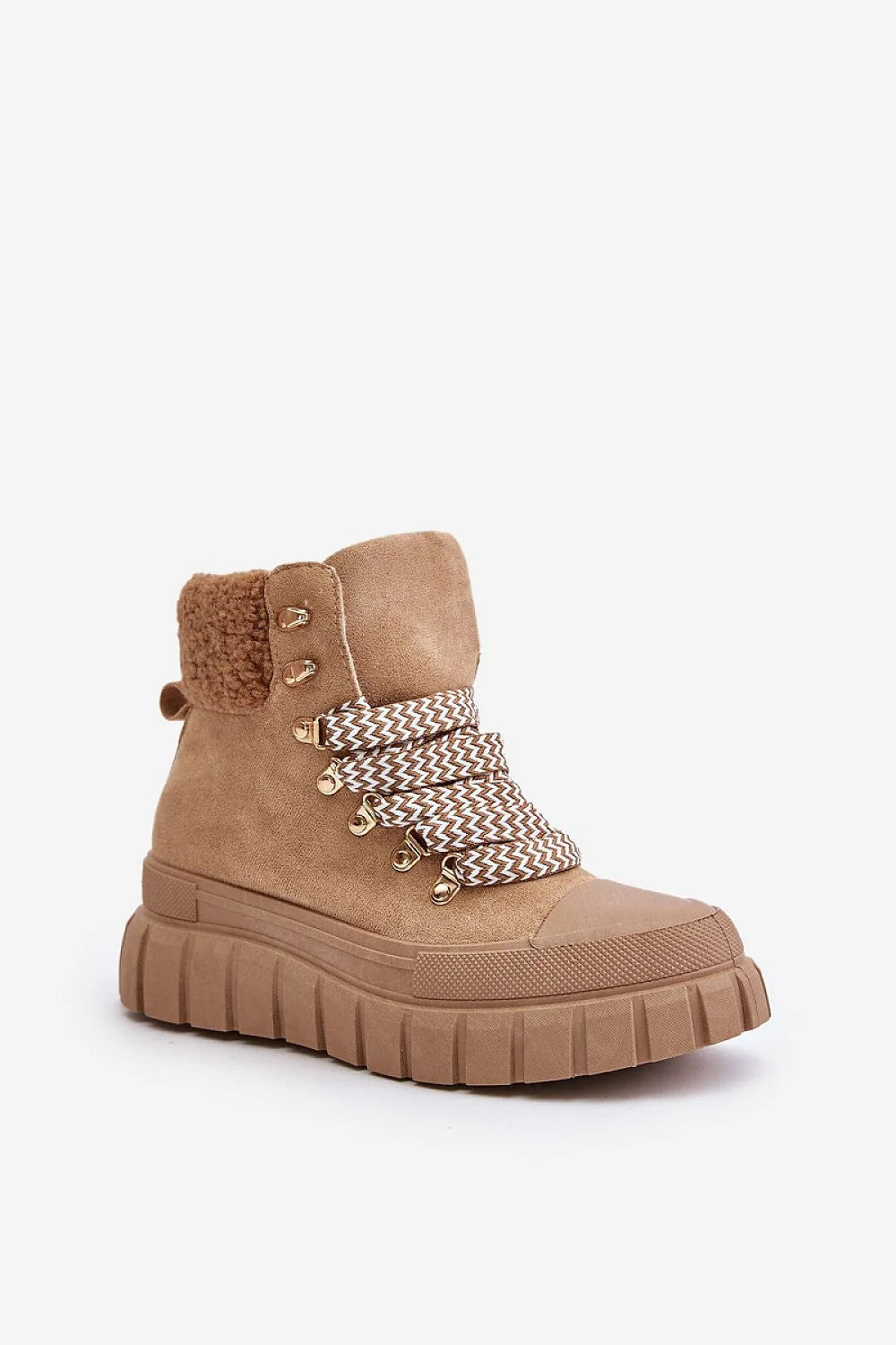 Bottes pour femmes éco-suede camel avec doublure peau de mouton, semelle plateforme, fermeture éclair et lacets, style hiver élégant et confortable femmes