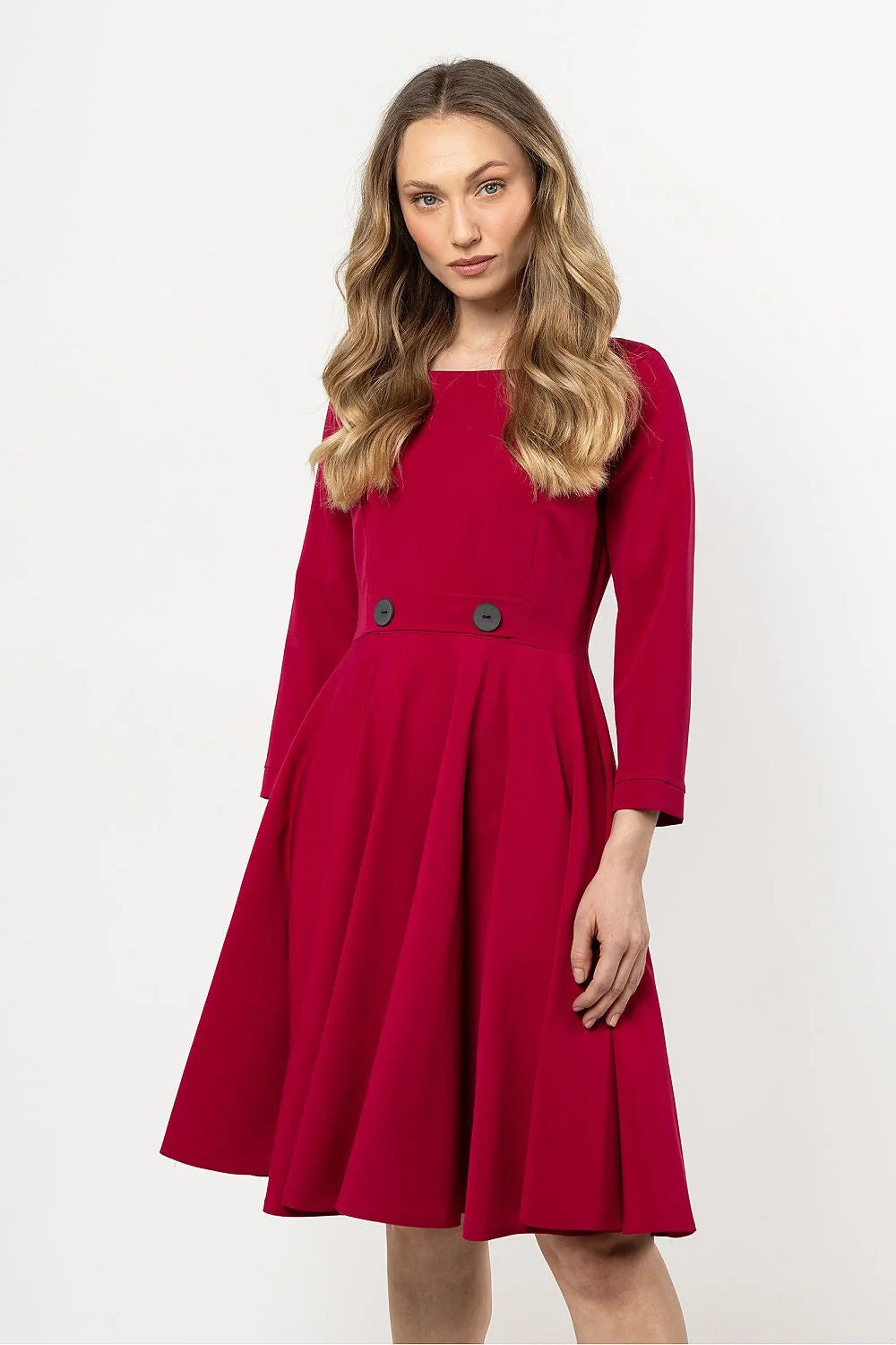 Robe de jour awama femme style vintage coupe évasée manches longues décolleté bateau boutons décoratifs tissu polyester élasthanne