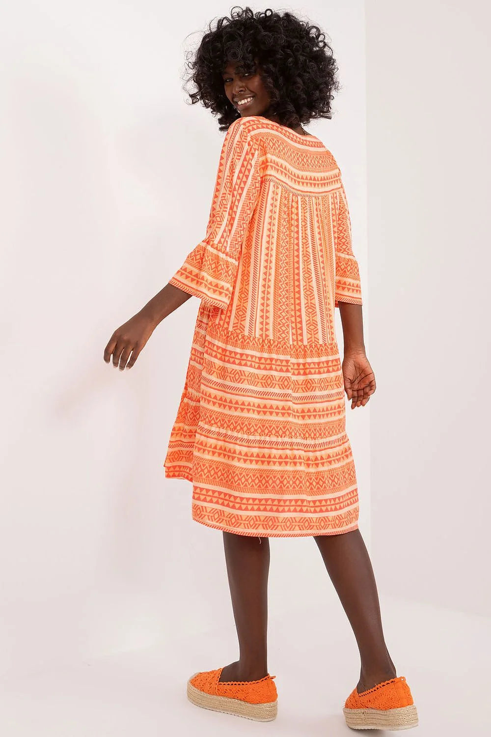 robe été bohème ample midi manches troisquarts colV fluide léger respirant imprimé géométrique orange jupe étagée volants