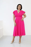 Robe de cocktail élégante en V manches courtes évasées couleur rouge vif taille ajustée femme