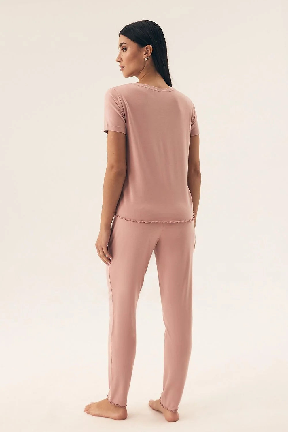 Pyjama Henderson femme confortable en coton élasthanne rose pâle coupe ample V-neck manches courtes pantalon élastique