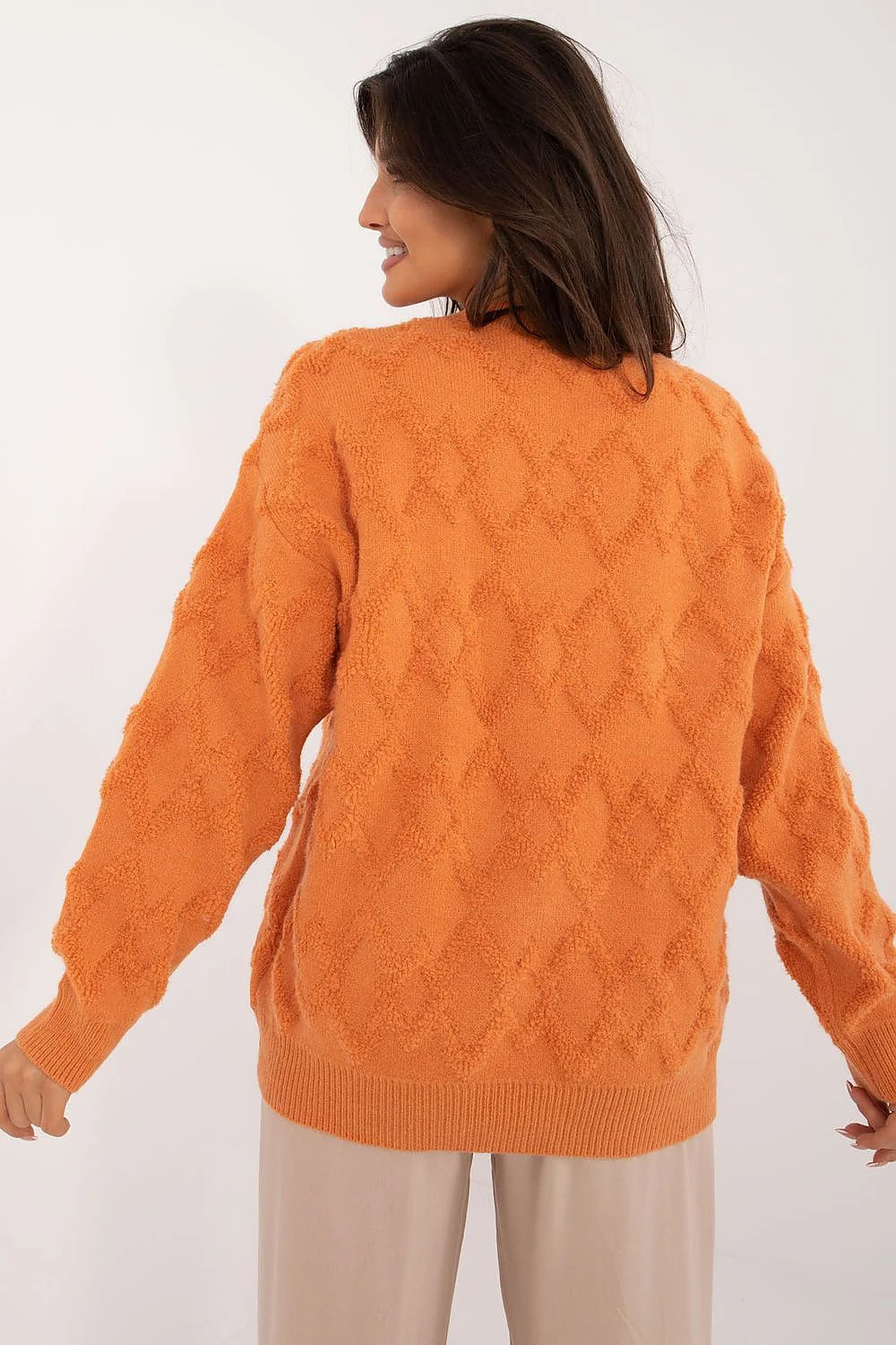 Pull femme Chandail AT texture losange couleur orange vif matière acrylique nylon polyester style décontracté manches longues encolure ronde coupe ample finitions côtelées idéal quotidien automne hiver