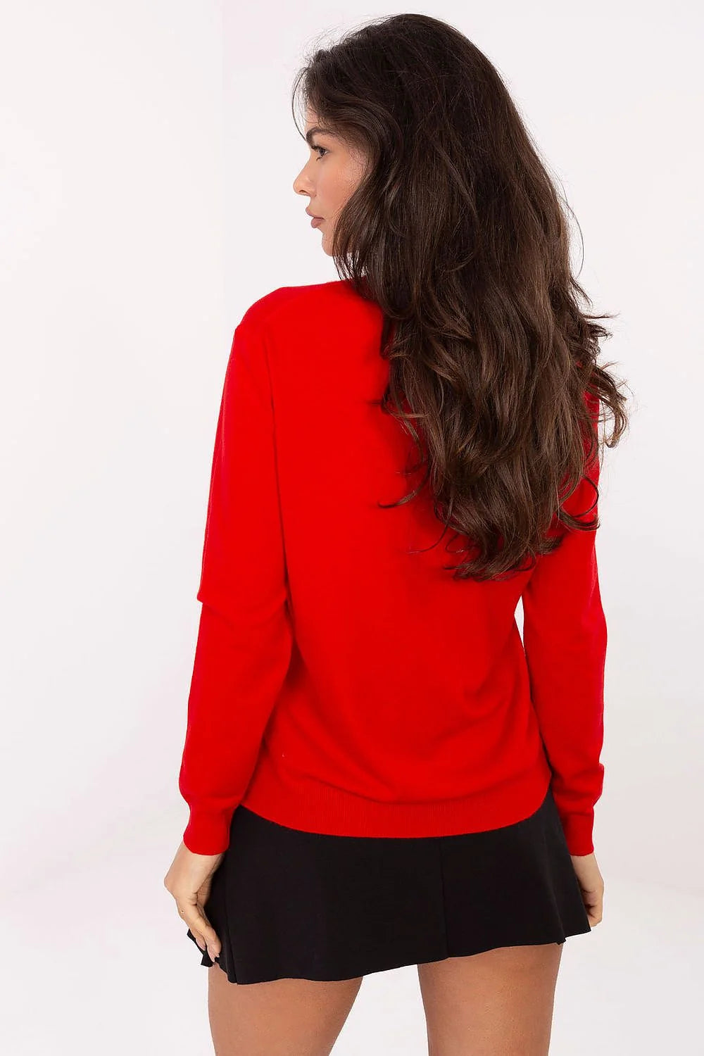 pull femme colV manches longues maille fine rouge vif viscose modal polyamide élasthanne poignets côtelés ourlet fendu taille réduite polyvalent