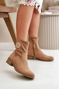 Bottines camel cuir suédé Jezzi低talons carrés fermé zippé emblème doré femme mode élégant automne hiver