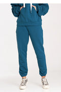 ensemble survêtement femme coton bleu pétrole sweat capuche pantalon jogging taille mi haute fuselée chevilles resserrées molleton doux poches latérales