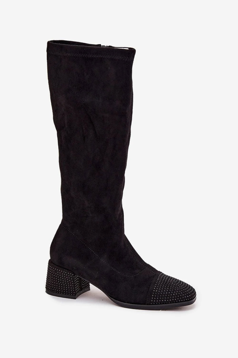 bottes femme suédine noire talon bloc zircons strass embellissements zippée doublure douce confortable chaude coutures raffinées élégantes polyvalentes soirée bureau
