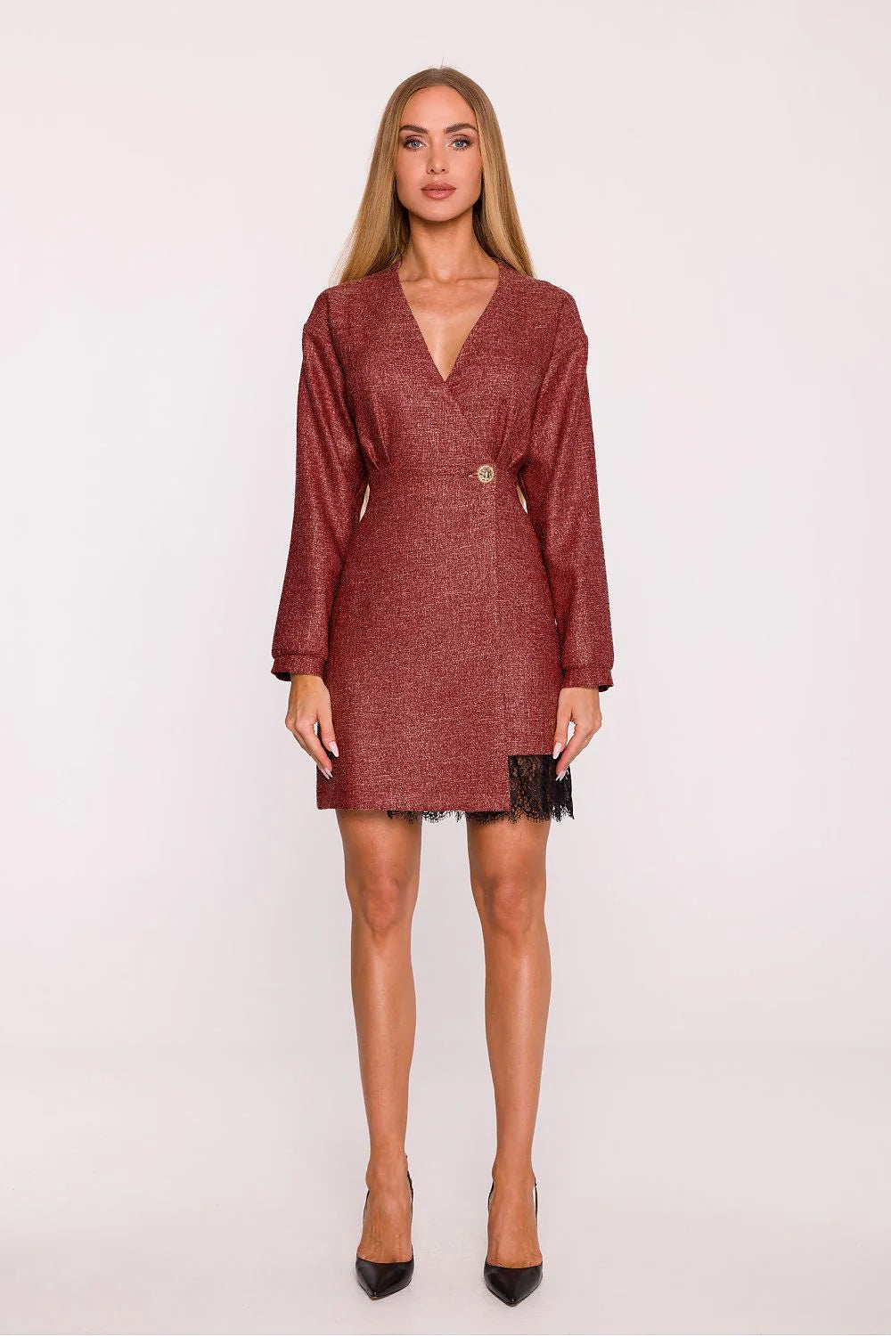 robe femme tweed dentelle bordeaux rouille texturé manches longues décolleté profond portefeuille taille marquée bouton doré ourlet noire coupe cintrée