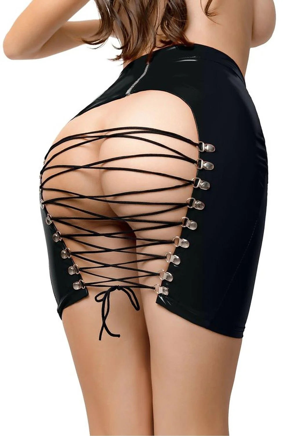 Jupe sexy glossy Wetlook noire courte taille haute coupe ajustée ligne décotée arrière audacieuse pour femmes soirées événements mode audacieux