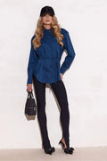 chemise tunique oversize femme bleu marine boutonnée manches longues tissu structuré ceinture coulissante ourlet arrondi coupe ajustable polonaise