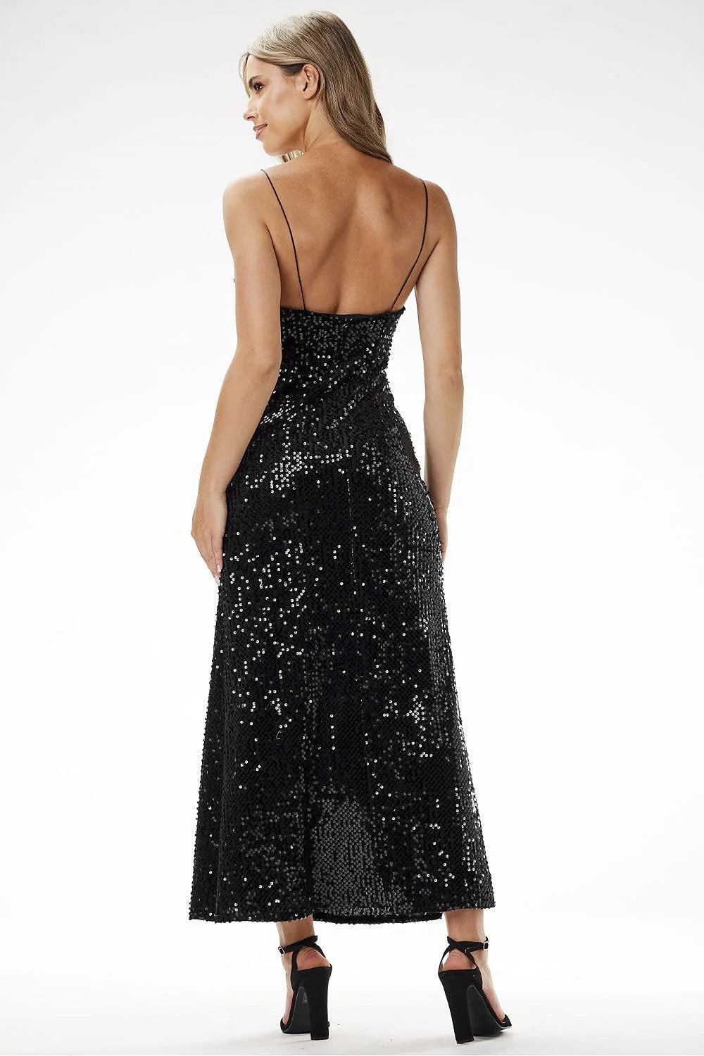 Robe de soirée élégante longue à bretelles fines en velours pailleté noire, coupe ajustée, décolleté en V, fermeture à glissière recouverte, pour femmes, occasion spéciale