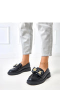 mocassins femme noir cuir écologique lisse bout rond couture semelle plateforme épaisse talon compensé confort enfilage nœud doré