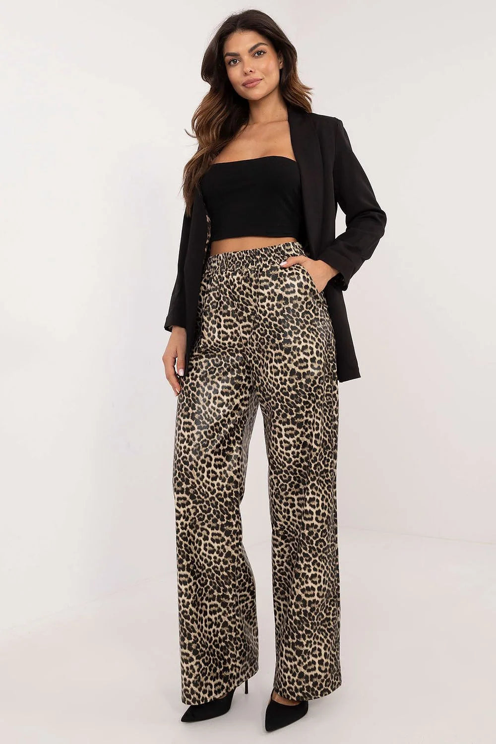 Pantalon femme en simili cuir imprimé léopard taille haute jambes droites style palazzo polyester elasthanne confortable élégant mode