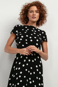 Robe élégante pour femme à motifs polka dot noir et blanc manches courtes jupe évasée en viscose taille ajustable