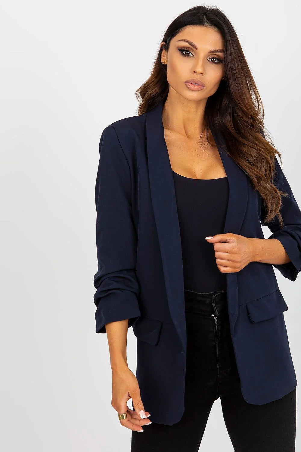 Blazer femme crêpe fluide élégant marron cognac ajusté manches retroussées col châle poches rabat