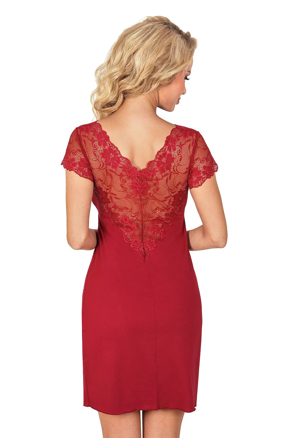 Chemise de nuit élégante en dentelle rouge manches courtes encolure en V dos décoré dentelle femme