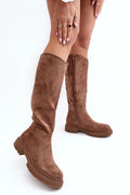 Bottes cuissardes en daim élégantes style casual-chic couleur brun terreux talon plat semelle épaisse femmes idéal automne hiver
