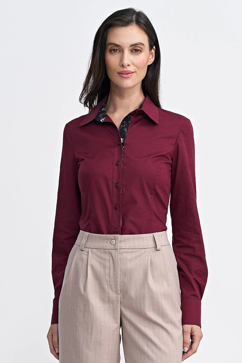 Chemise manche longue Nife pour femme style élégant coupe ajustée col pointu motifs floraux contrastants tissu de haute qualité