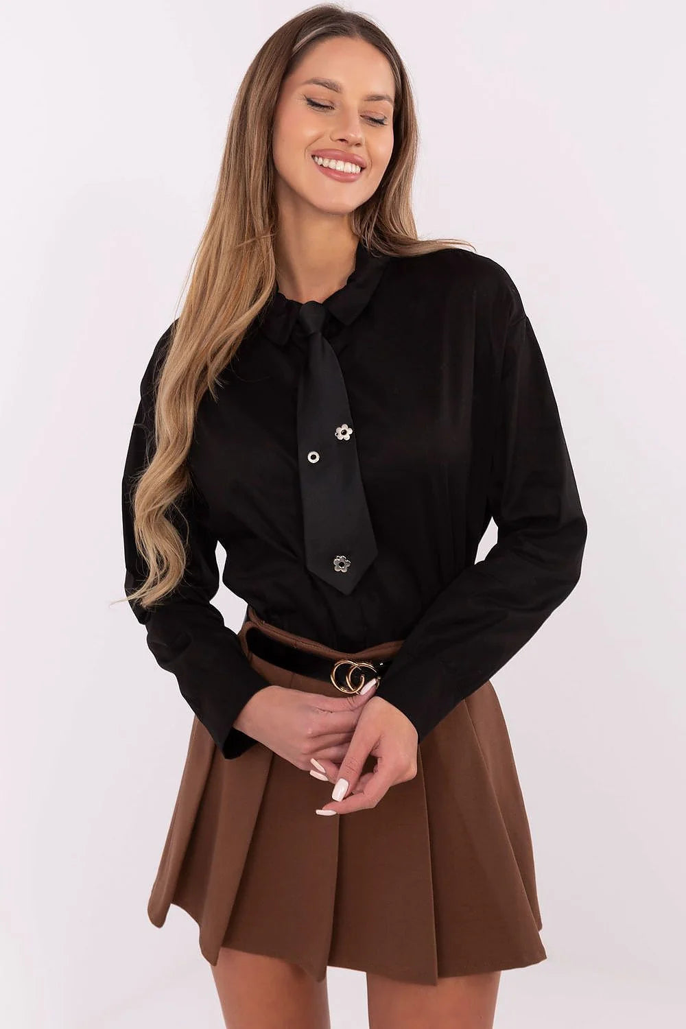 Chemise manche longue Italy Moda design élégant col classique froufroutant cravate intégrée détails métalliques