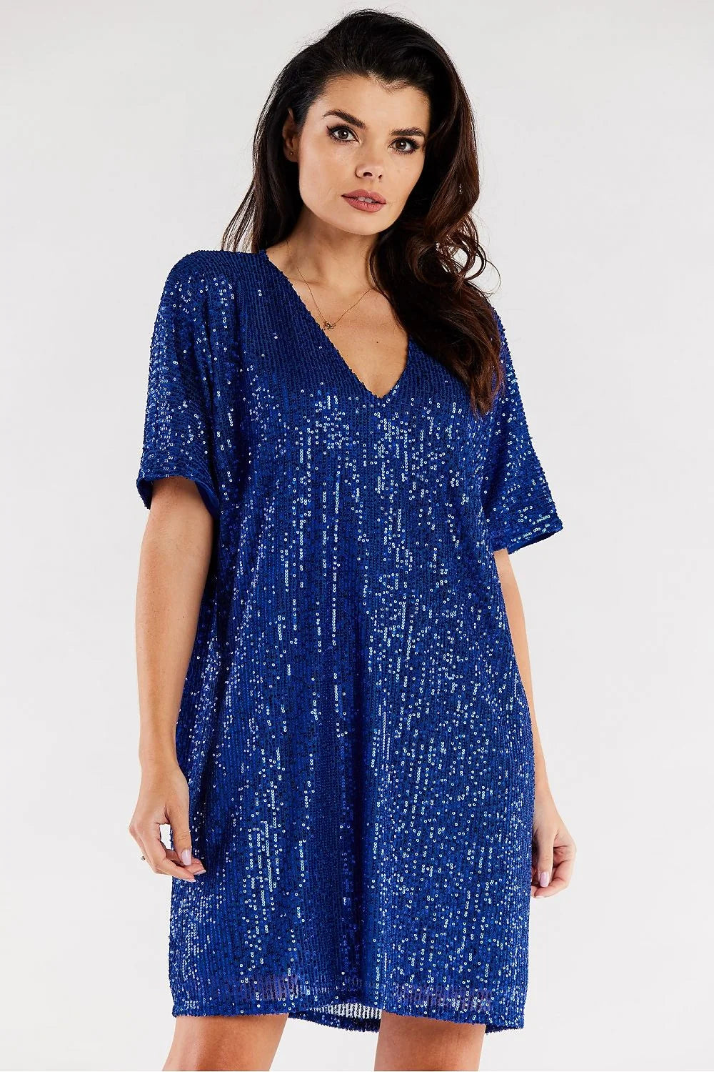 Robe de soirée élégante pour femme en sequins rouges, coupe ample, col en V, manches courtes, longueur au-dessus des genoux