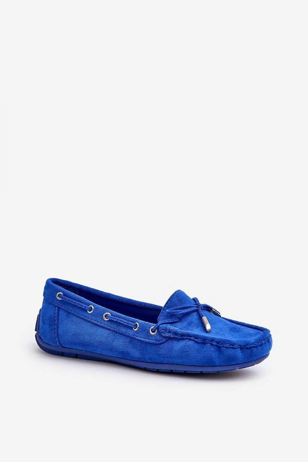moccasins femme élégant confort ecosuede bleu vif suedine caoutchouc antidérapante semelle intérieure perforée surpiqûres lacet décoratif embouts métalliques