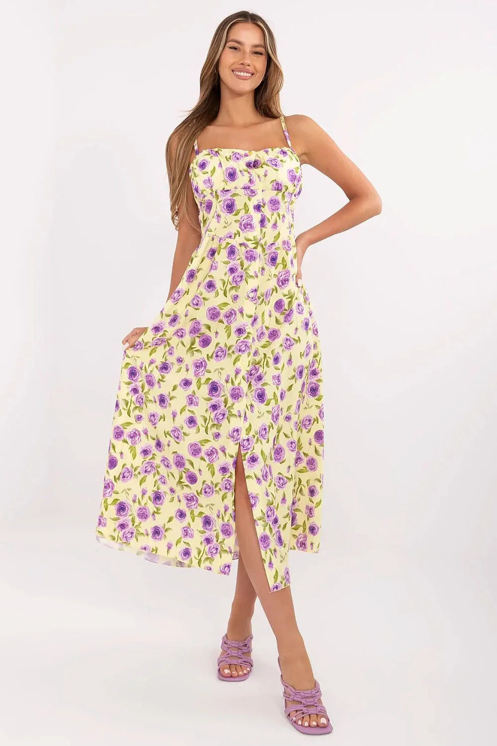 Robe de jour féminine Italy Moda motif floral violet jaune pâle tissu léger coupe midi évasée bretelles ajustables fente avant taille corset sans soutien-gorge femme