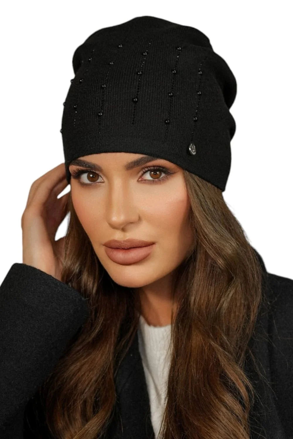Bonnet élégant pour femme en tricot de haute qualité avec perles noires, style classique, ajustement confortable, Kamea