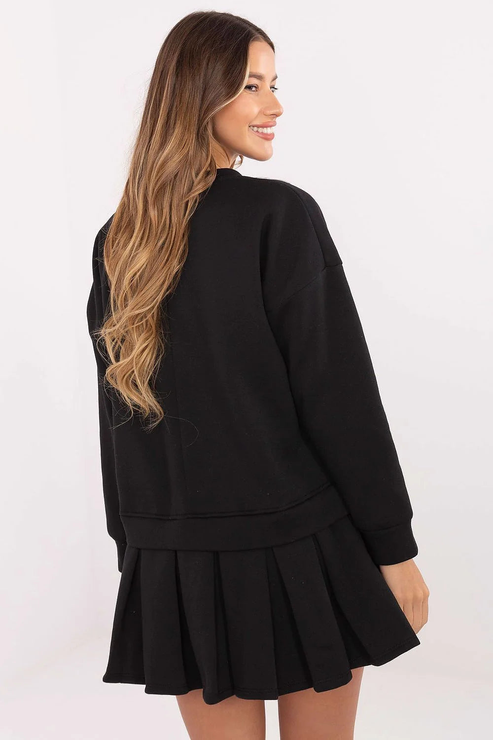 robe molleton femme coton stretch col rond manches longues coupe évasée mini plissée doublure confortable extensible pratique polyvalente