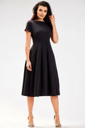 Robe de jour élégante noire manches courtes encolure bateau zip dos taille ajustable femme
