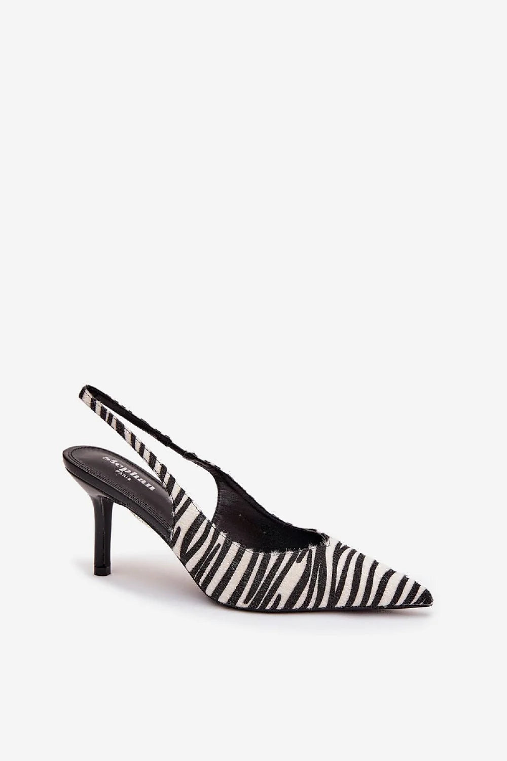 escarpins femme zèbre imprimé noir blanc bout pointu bride arrière élastiquée talon aiguilles moyen texture velours semelle cuir artificiel élégant