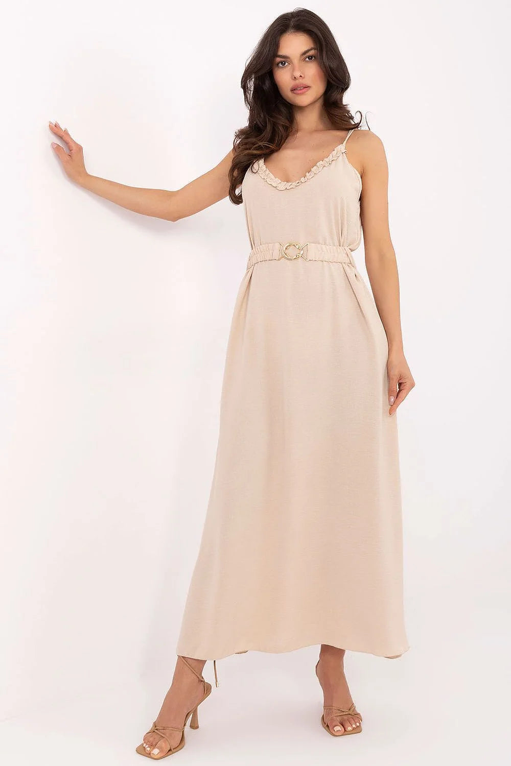 Robe d'été longue à bretelles Och Bella décolleté en V volant beige clair élégante femmes sorties quotidiennes
