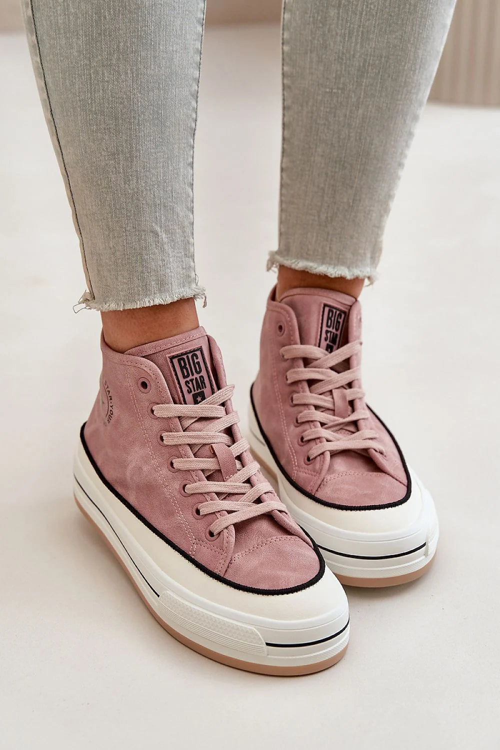 Baskets montantes Big Star pour femmes, style classique, cuir synthétique, rose poudré, semelle caoutchouc, confortable, élégance, sneakers modernes, occasion quotidienne, look décontracté, soutien cheville, durabilité