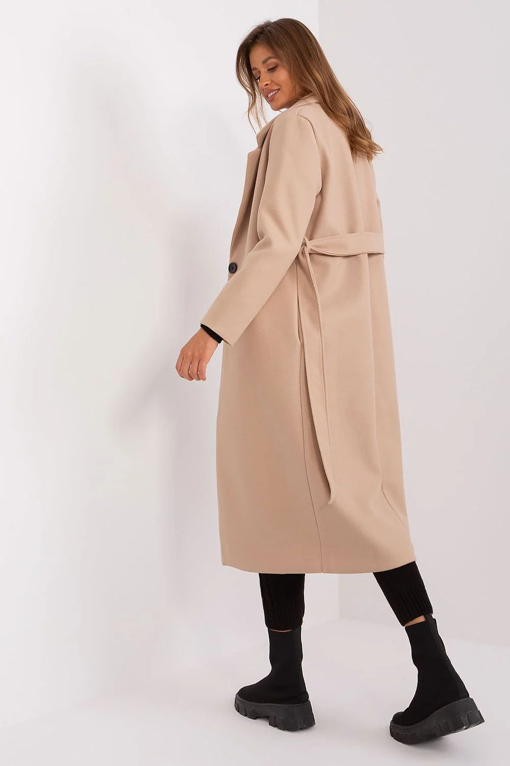 Manteau Och Bella long élégant femme style classique beige coupe droite col revers poches latérales polyester doublure chaude