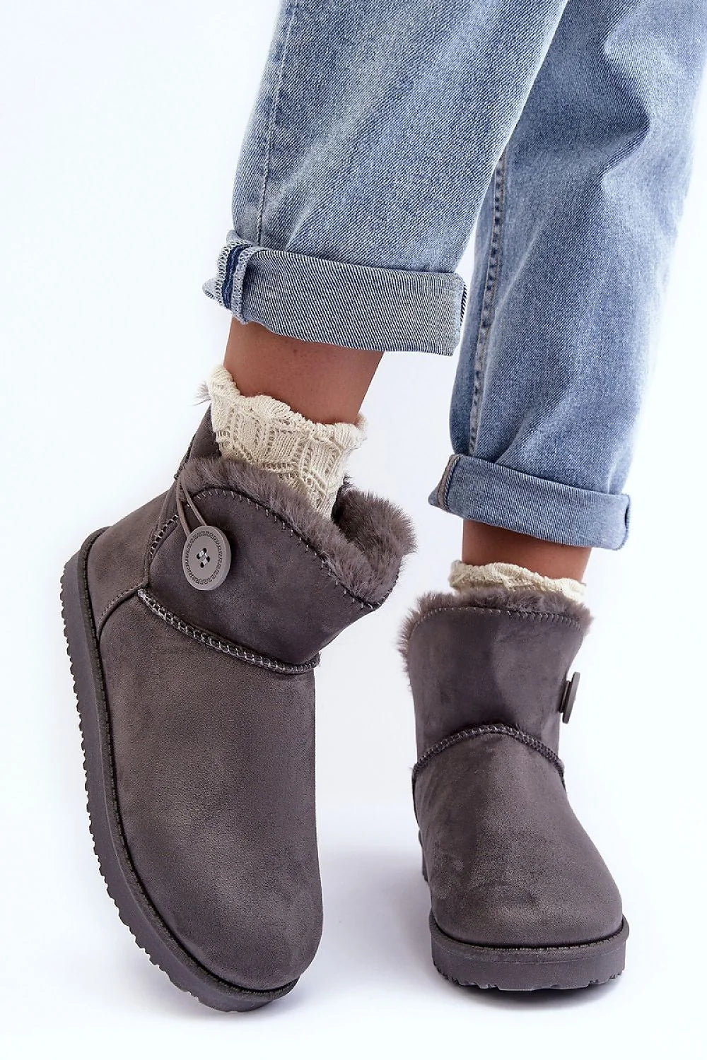 Bottes de neige pour femmes style moderne confortable isolate fourrure cuir suédé couleur grise occasion hiver automne taille ajustable