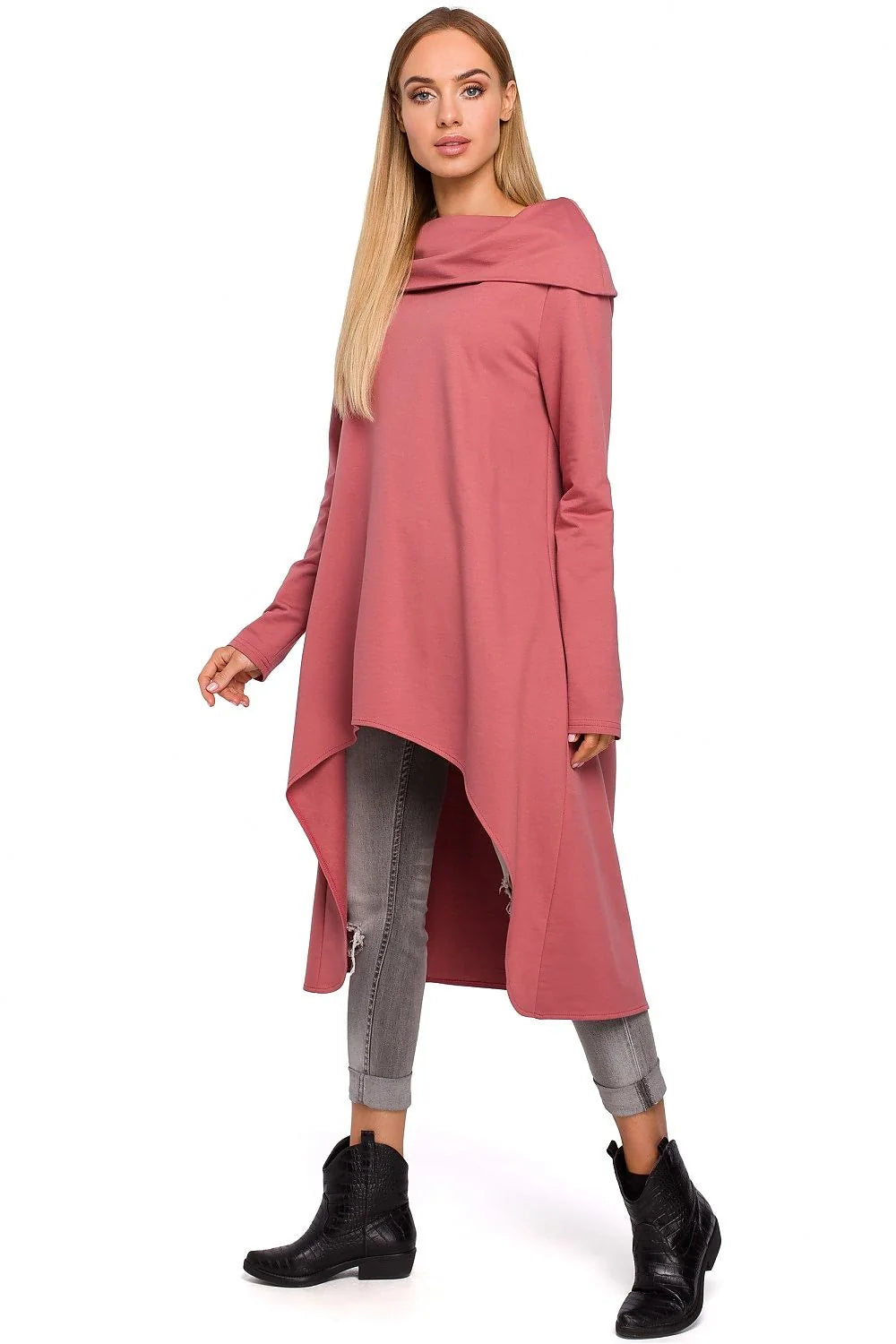 Tunique en Coton Gris Clair Asymétrique Ample Col Roulé Mode Décontractée Élégante Confortable Femme