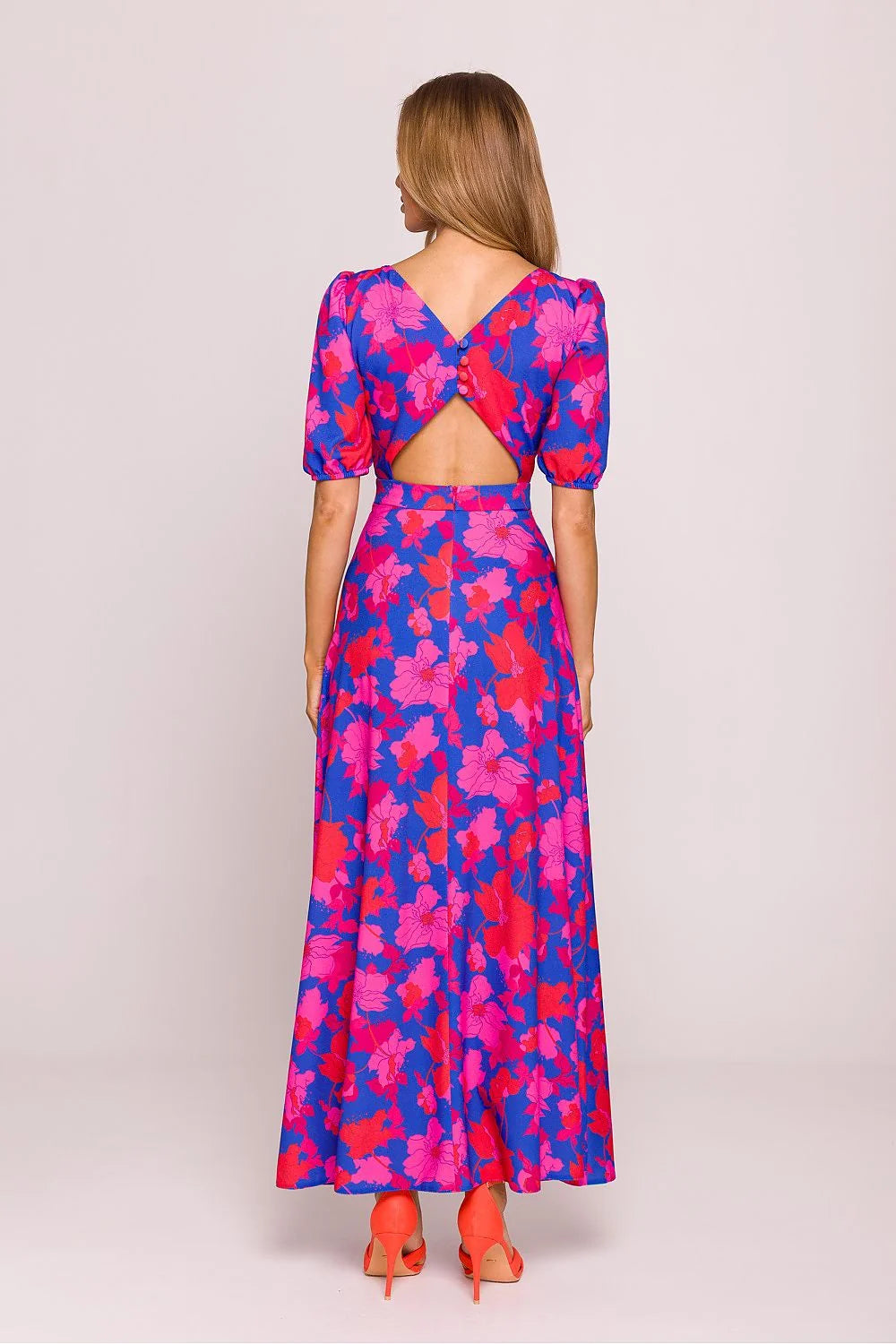 Robe de jour Moe fleurs multicolore longue manches courtes dos dentelle taille ajustable femme