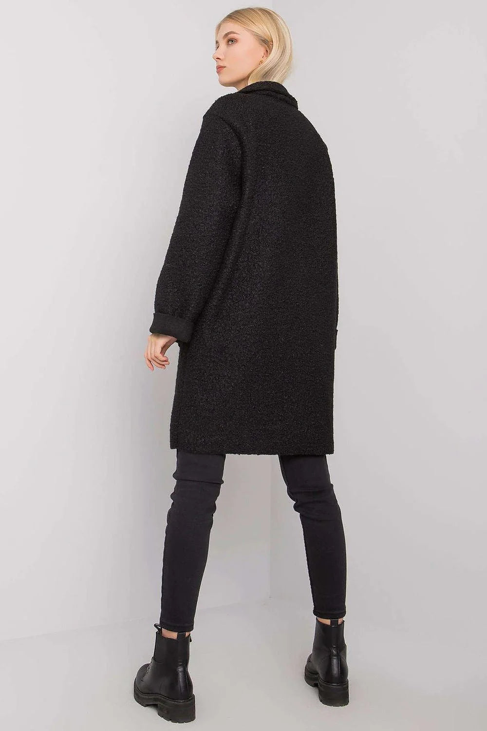 Manteau femme bouclé noir moderne ample polyester poches style décontracté automne hiver tendance élégante