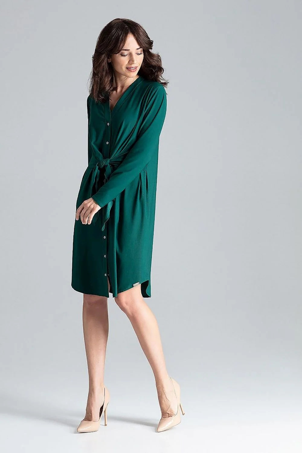 Robe chemisier femme élégante vert émeraude longues manches ceinture intégrée tissu fluide taille ajustable polyester elasthanne