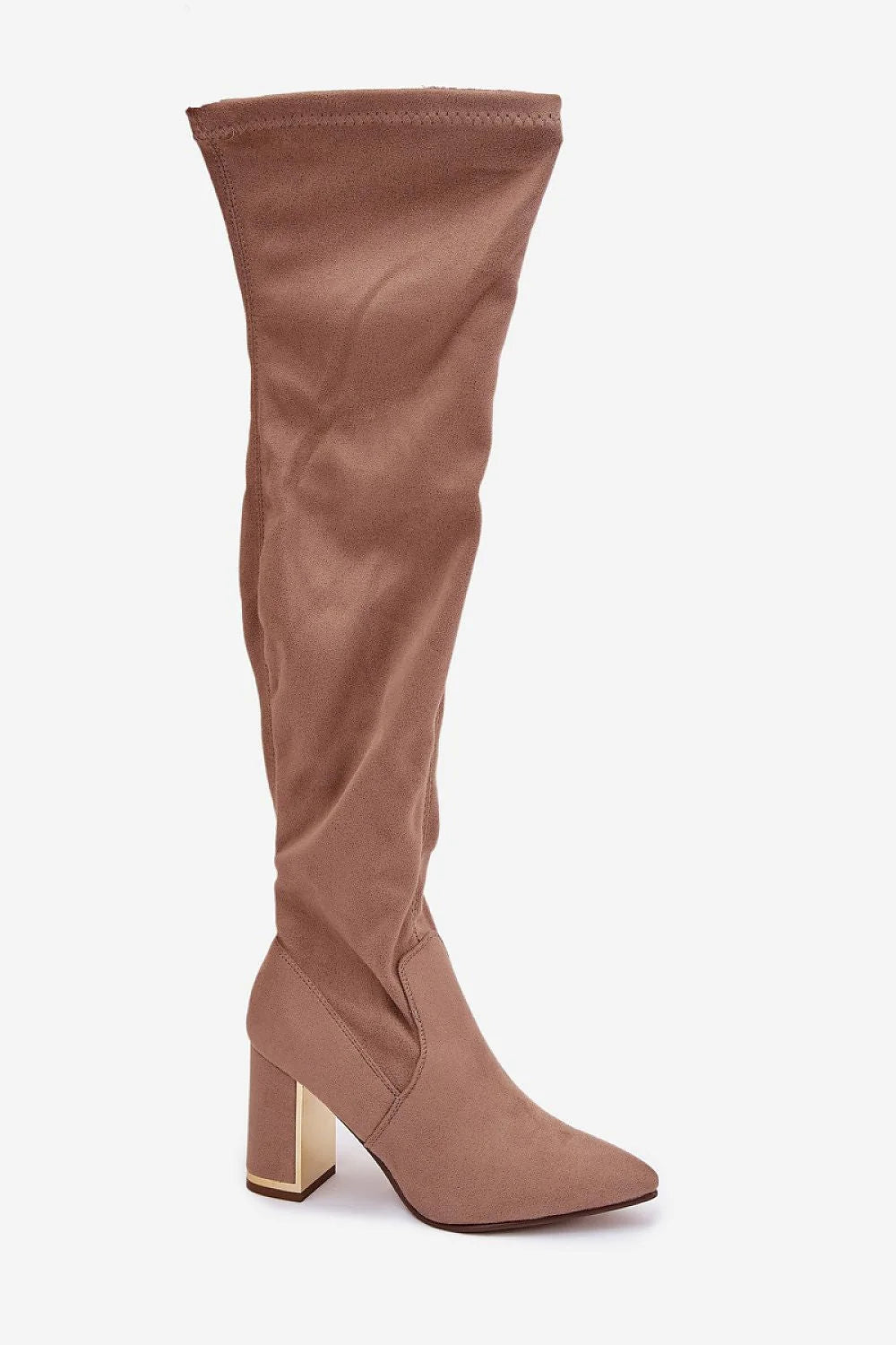 cuissardes suédine écologique beige bout pointu coupe ajustée stretch effet froncé tige haute genou talon bloc métallique doré