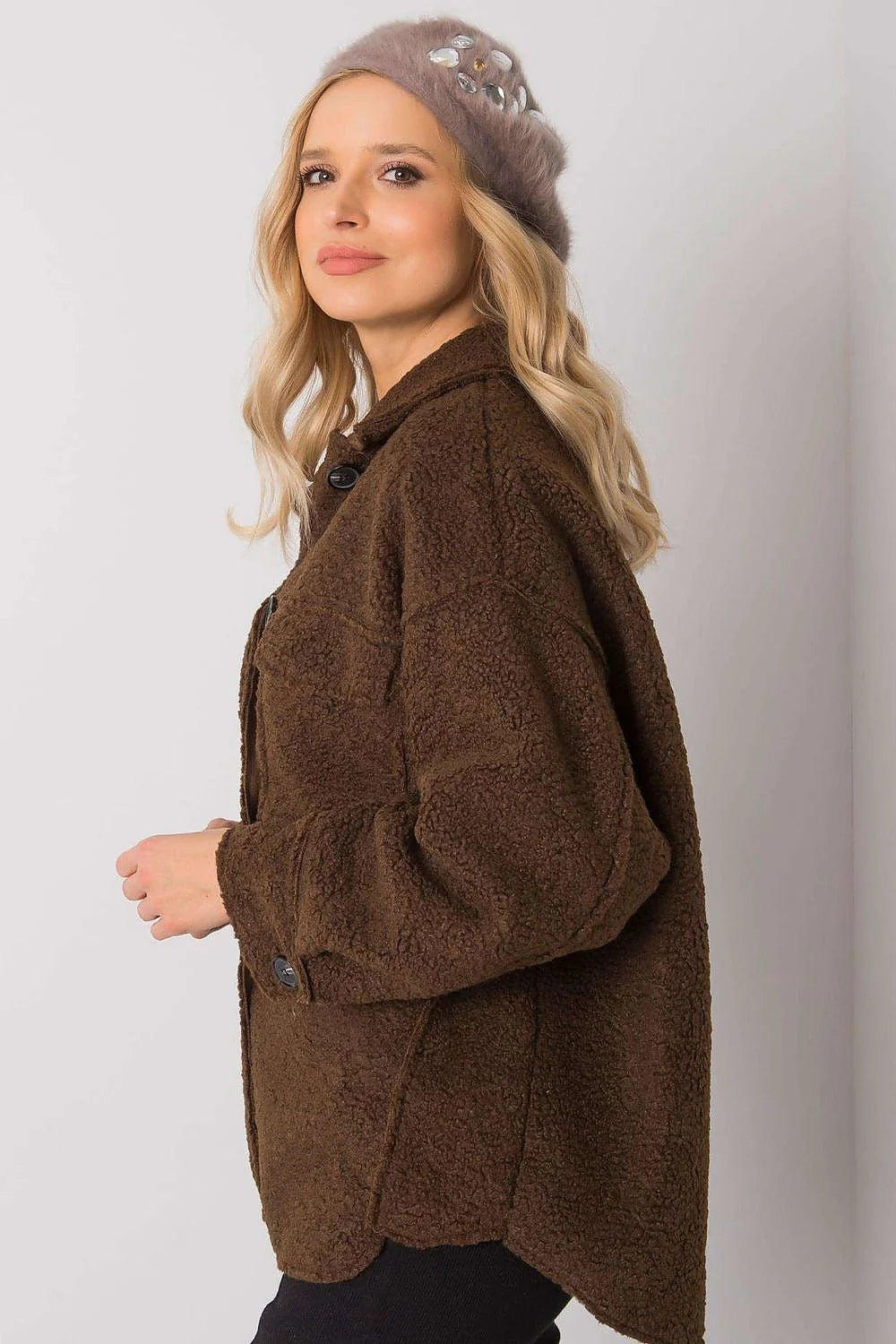 Veste ample en laine bouclée marron chic et béret violet strass décontractés automne-hiver femmes